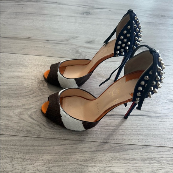 Christian Louboutin Brown & White Peep-Toe Studded Ankle-Strap Heels